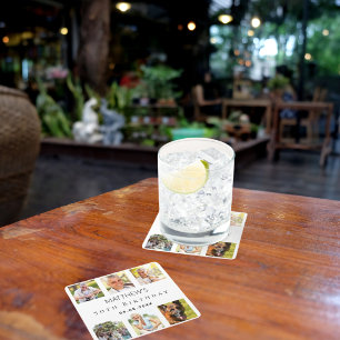 Photo collage white birthday party square paper coaster