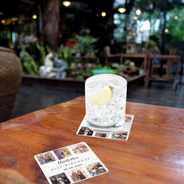 Photo collage white birthday party square paper coaster (Creator Uploaded)