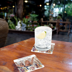 Photo collage white birthday party square paper coaster