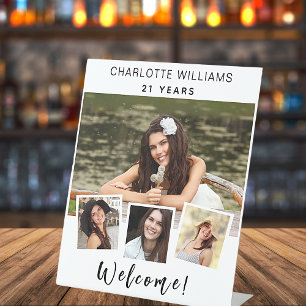 Photo collage white birthday party welcome pedestal sign