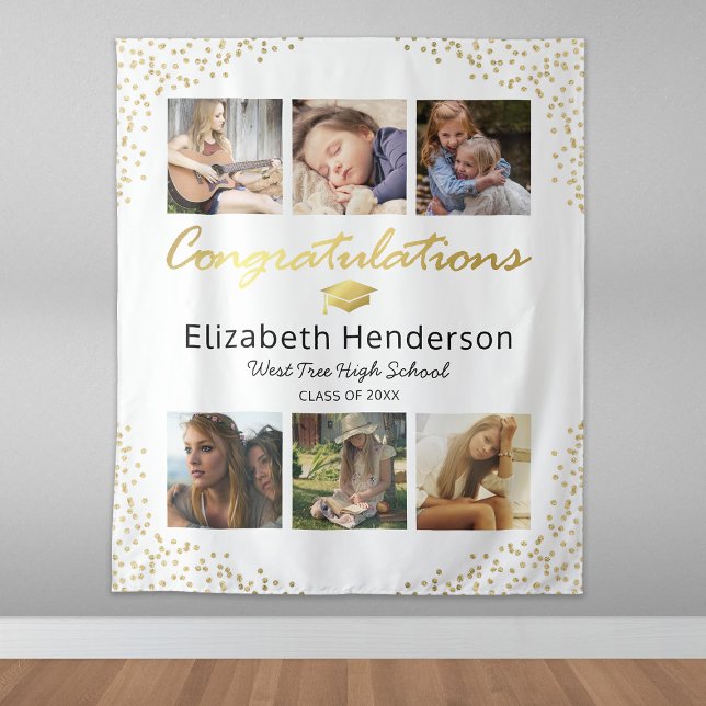 Photo Collage White Gold Graduation Backdrop Tapestry (Creator Uploaded)