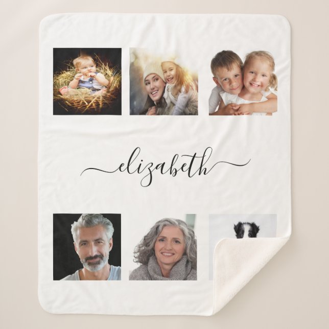 Photo collage white name script sherpa blanket (Front)