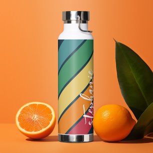 Photo Collage with 4 Photos Colorful Retro Stripes Water Bottle