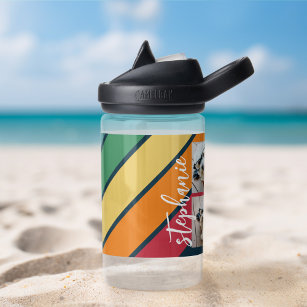 Photo Collage with 4 Photos Colourful Retro Stripe Water Bottle