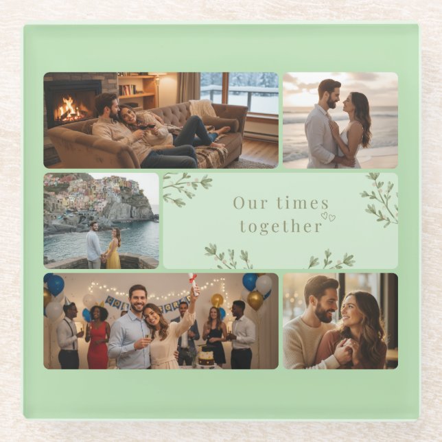 Photo collage with 6 photos and custom Sage Green Glass Coaster (Front)