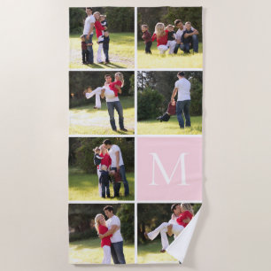 Photo collage with 7 photos, monogram blush pink beach towel