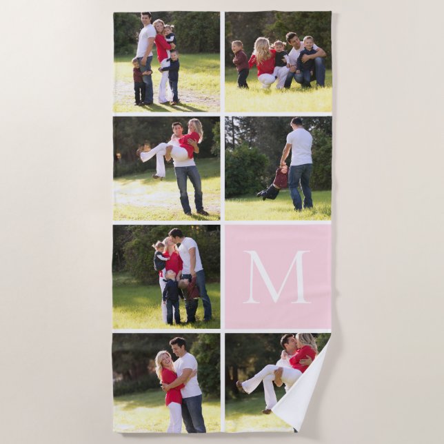Photo collage with 7 photos, monogram blush pink beach towel (Front)