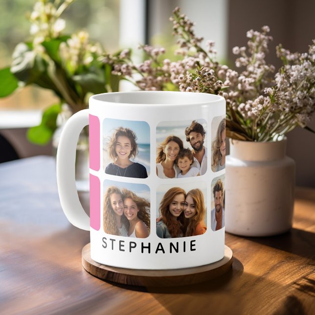 Photo Collage with 8 Photos and Hot Pink Accents Coffee Mug (Personalized mug with 8 photos)