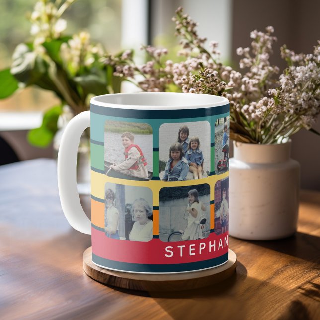 Photo Collage with 8 Photos Colourful Retro Stripe Coffee Mug (Mug template with 8 photos and a Retro Stripe Pattern)