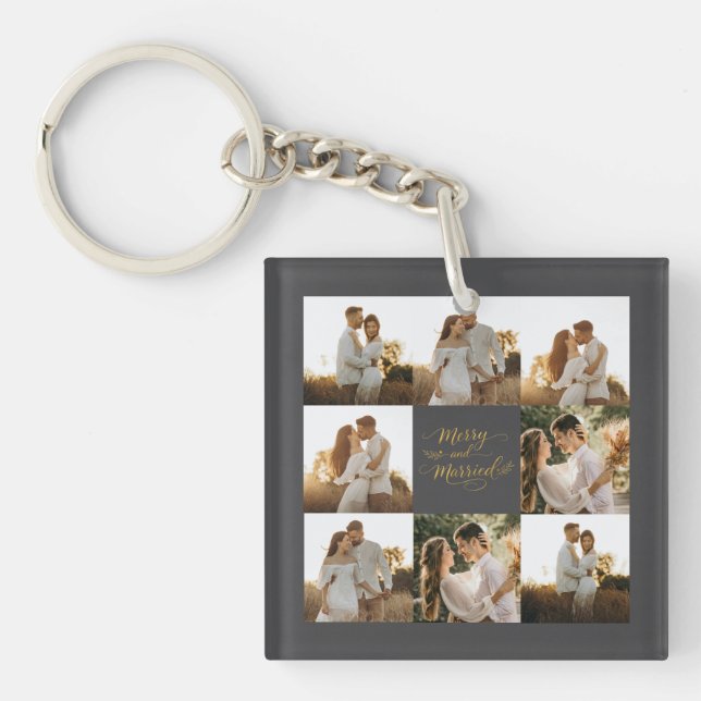 Photo Collage with Merry and Married Gold Script Key Ring (Front)