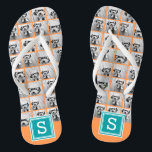 Photo Collage with Monogram - Orange and Teal Thongs<br><div class="desc">You can use any photos for this design. Use 8 square pictures to create a unique and personal gift. Or you can keep the hipster puppy and make a trendy keepsake. If you need to adjust the pictures,  click on the customise tool to make changes.</div>