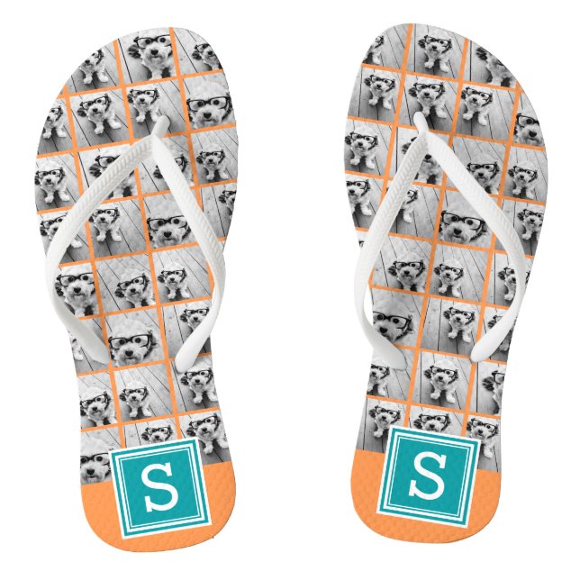 Photo Collage with Monogram - Orange and Teal Thongs (Footbed)