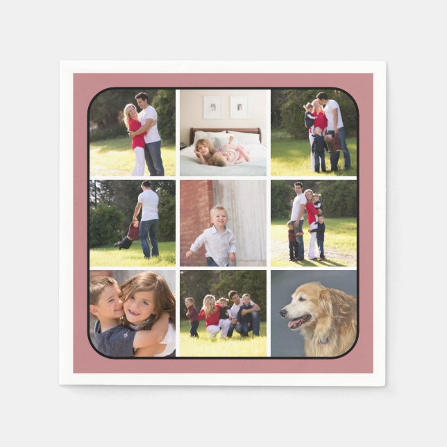 Photo collage with nine photos, dusty rose border napkin (Front)