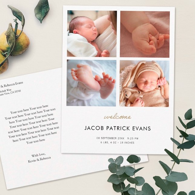 Photo Colllage Modern Boy Girl Birth Announcement Postcard (Creator Uploaded)