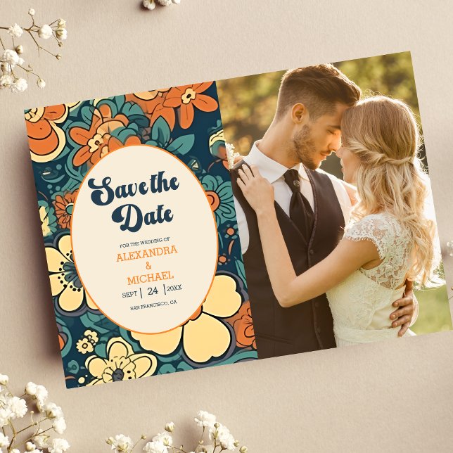 Photo Colourful Groovy Retro 70s Floral Wedding Save The Date (Creator Uploaded)