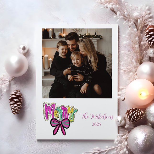 Photo Colourful Merry Bow Christmas Holiday Card (Creator Uploaded)