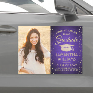 Photo Congrats Purple and Gold Glitter Graduation Car Magnet