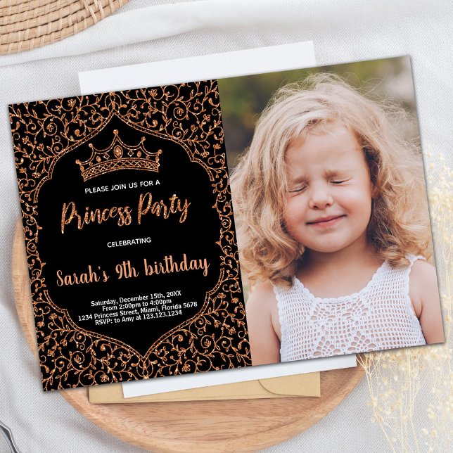 Photo Copper Glitter Princess Birthday Invitations (Photo Copper Glitter Princess Birthday Invitations)