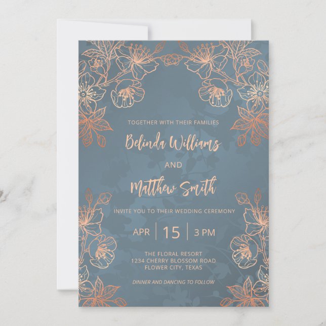 Photo Copper Gold Dusty Blue Wedding Invitation (Front)