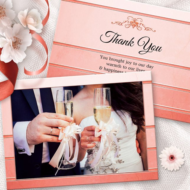 Photo Coral Pink Striped Wedding Thank You Card (Creator Uploaded)
