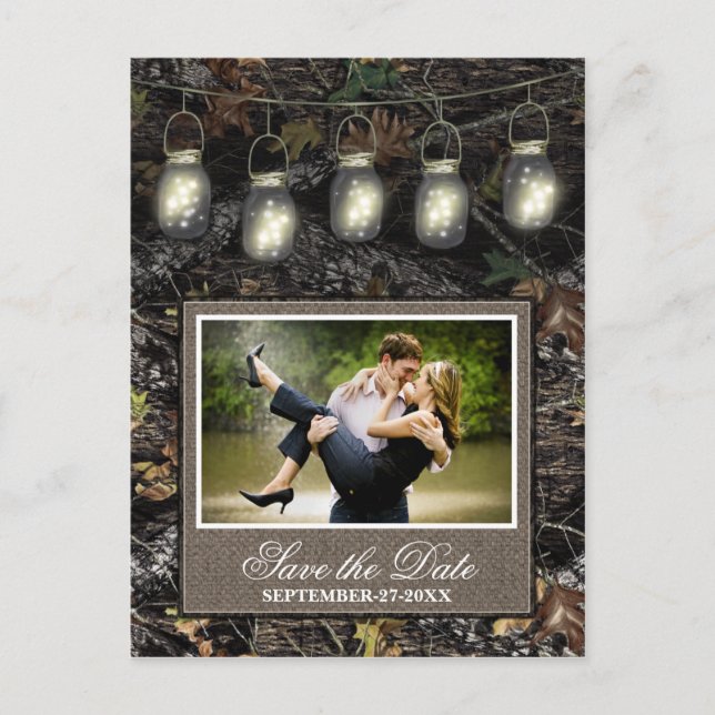Photo Country Mason Jar Camo Save The Date Cards (Front)