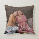 Photo Couple Just Love Script Cushion<br><div class="desc">Design features your best photo with the modern heart script "Just Love",  and a rustic  natural tone linen effect on back.  Ideal gift idea for newlyweds,  housewarming,  anniversary,  and more.</div>