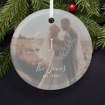 Photo couple newlyweds name monogram elegant glass tree decoration<br><div class="desc">Custom white monogram initial and name with family established year elegant chic farmhouse style Christmas tree ornament with photo overlay.         A modern keepsake gift for newlyweds.</div>