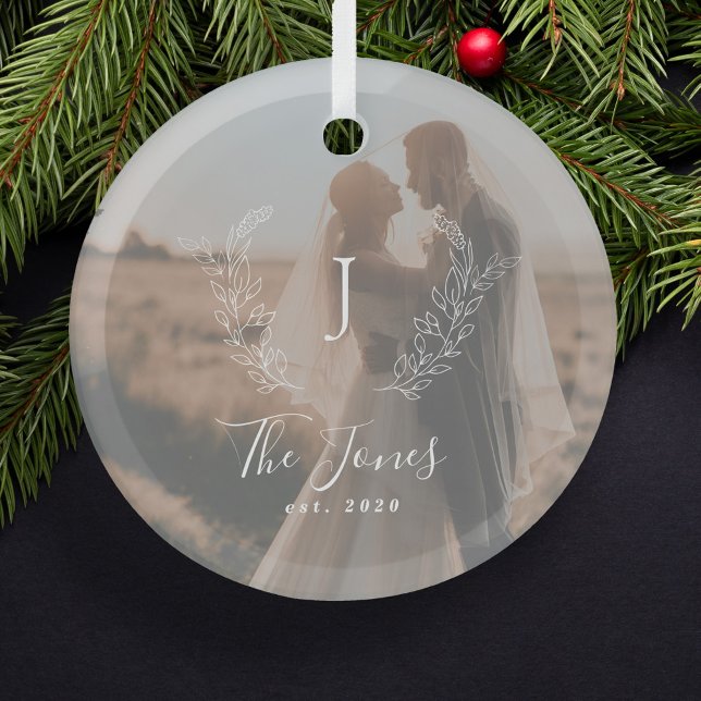 Photo couple newlyweds name monogram elegant glass tree decoration (Creator Uploaded)