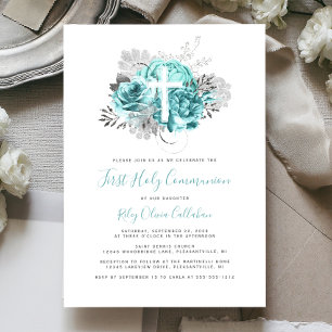 Photo Cross Aqua Silver Floral First Communion Invitation