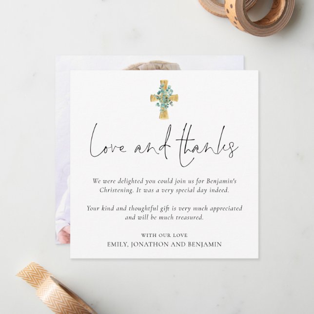 Photo Cross Baptism Christening Love Thanks Card (Front/Back In Situ)