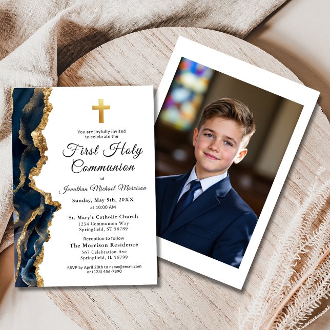 Photo Cross Navy Blue Gold First Communion Invitation (Creator Uploaded)