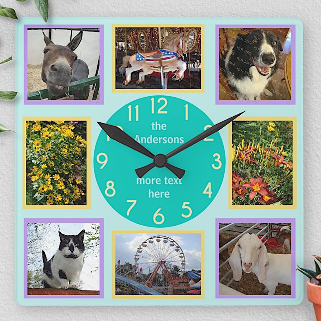 Photo Custom 8 Picture Personalised Colour Block Square Wall Clock (Creator Uploaded)