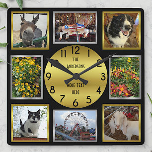 Photo Custom 8 Picture Personalized Black Gold Square Wall Clock