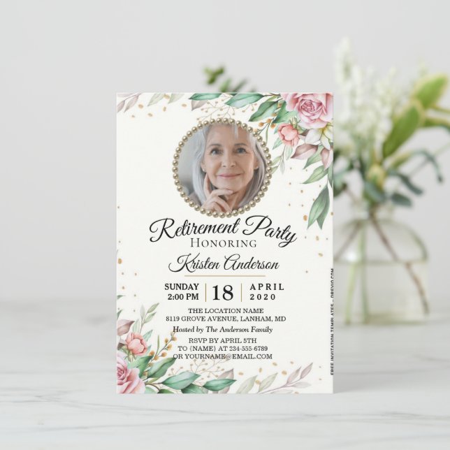 Photo Custom Botanical Retirement Party Invitation (Standing Front)
