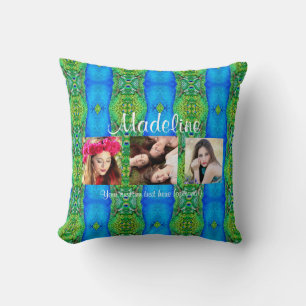 Photo custom text template peacock theme colourful cushion