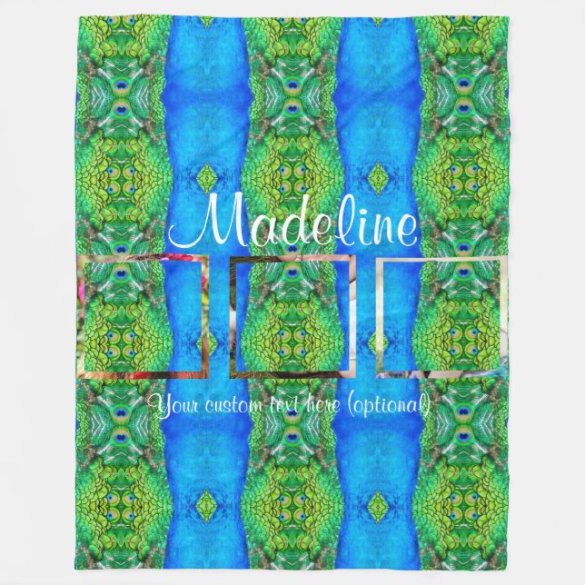 Photo custom text template peacock theme fleece blanket (Front)