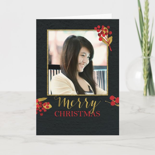 Photo Customisable Christmas Card, Black with Gold Holiday Card (Front)