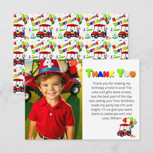 Photo Cute 4th Birthday Red Golf Cart Boy's Thank You Card (Front/Back)