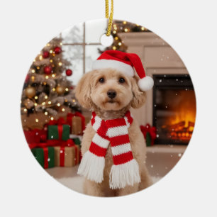 Photo Cute Christmas Cavapoo Dog Santa Hat Ceramic Ornament