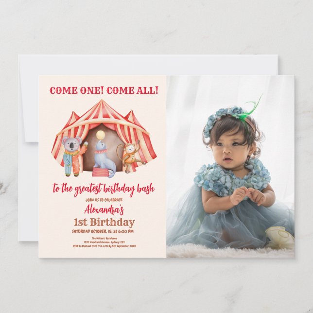 Photo Cute Circus Carnival Festival 1st Birthday Invitation (Front)