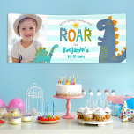 Photo Cute Dinosaurs Stomp Chomp Roar Boy Birthday Banner<br><div class="desc">“Let’s stomp, chomp and roar”. Proudly welcome every guest of your son’s dinosaur birthday party! Display this stunning, modern, stylish, personalised photo banner to add to his special day. A fun, whimsical, playful visual of a cute, bold, kawaii, orange, green and blue brontosaurus and t-rex, and fun, handwritten typography over...</div>
