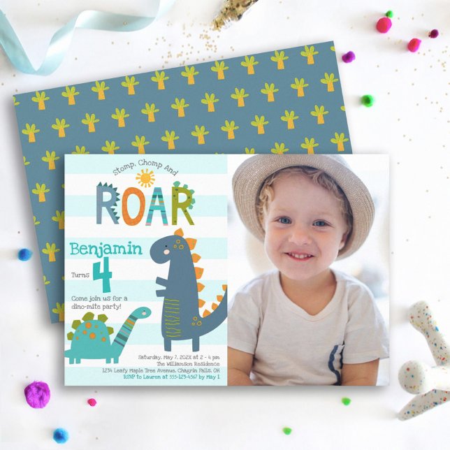 Photo Cute Dinosaurs Stomp Chomp Roar Boy Birthday Invitation (Creator Uploaded)