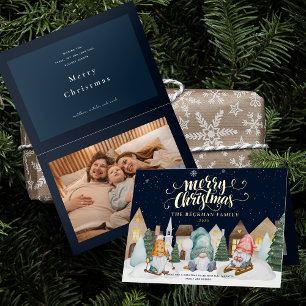 Photo Cute Gnomes Winter Snow Merry Christmas Foil Holiday Card