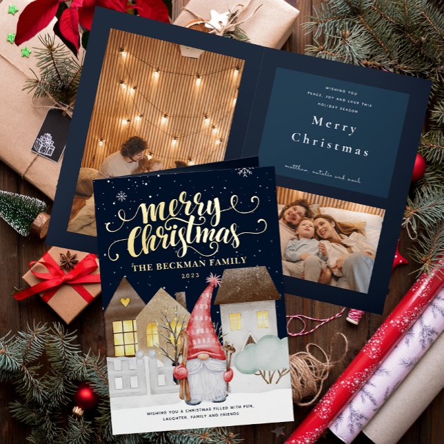 Photo Cute Gnomes Winter Snow Merry Christmas  Foil Holiday Card (Photo Cute Gnomes Winter Snow Merry Christmas Foil Holiday Card)