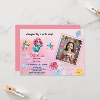 Photo cute mermaid magical birthday invitation