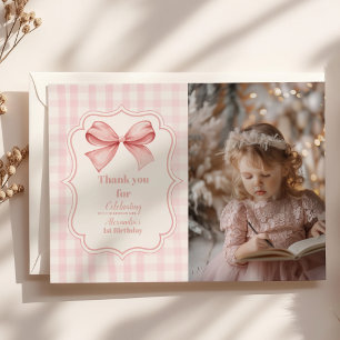 Photo Cute Pink Bow Coquette 1st Birthday Thank You Card