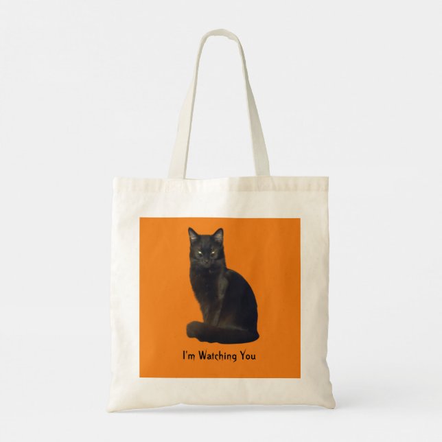 Photo Cutout Black Cat Staring Watching You Orange Tote Bag (Back)