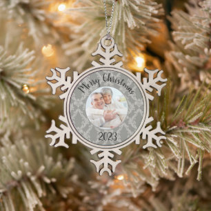 Photo Damask Merry Christmas Year Snowflake Pewter Christmas Ornament