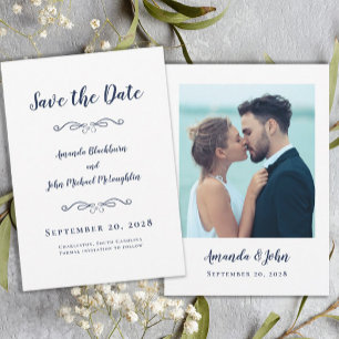 Photo Delicate Script Romantic Calligraphy Blue Save The Date