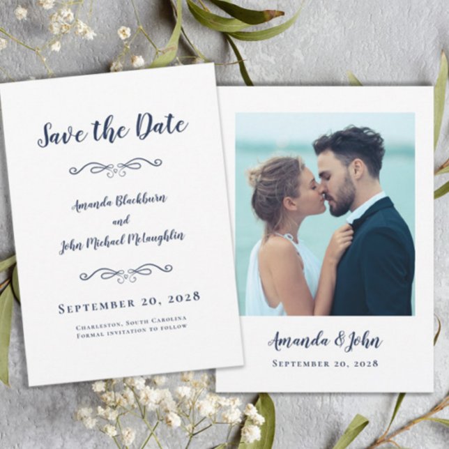 Photo Delicate Script Romantic Calligraphy Blue Save The Date (Creator Uploaded)